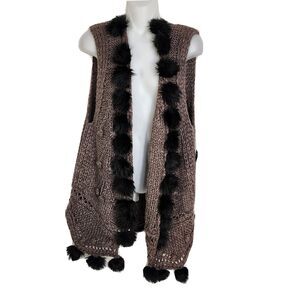 Notations Womens Sweater Cardigan Vest Size 1X Pom Poms Brown Knit Open Front
